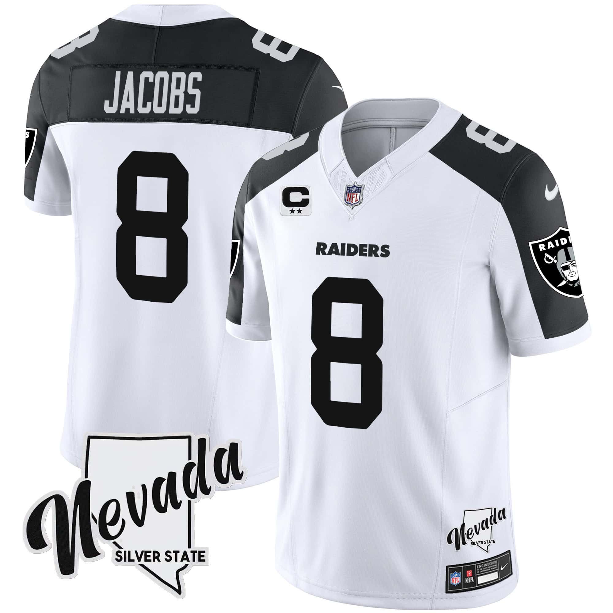 Men Oakland Raiders 8 Jacobs White 2024 Nike Nevada Silver State Patch Vapor NFL Jersey style 1